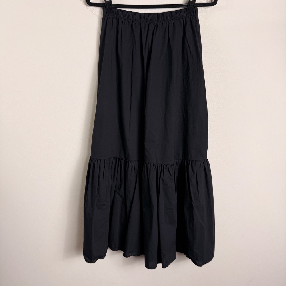 Aerie Black Pima Cotton Tiered Ruffle Midi Skirt Elastic Waist Small S/P RN54485